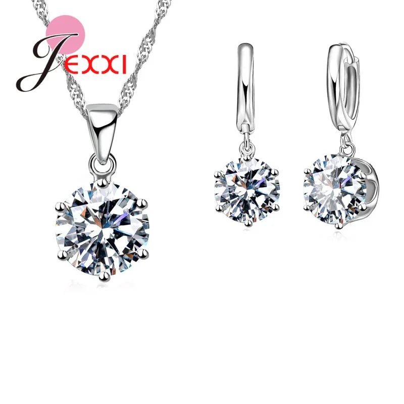 Vintage Trendy Female 925 Sterling Silver Jewelry Sets Women Gifts Fashion Cubic Zircon Crystal Necklace Drop Earrings Sets