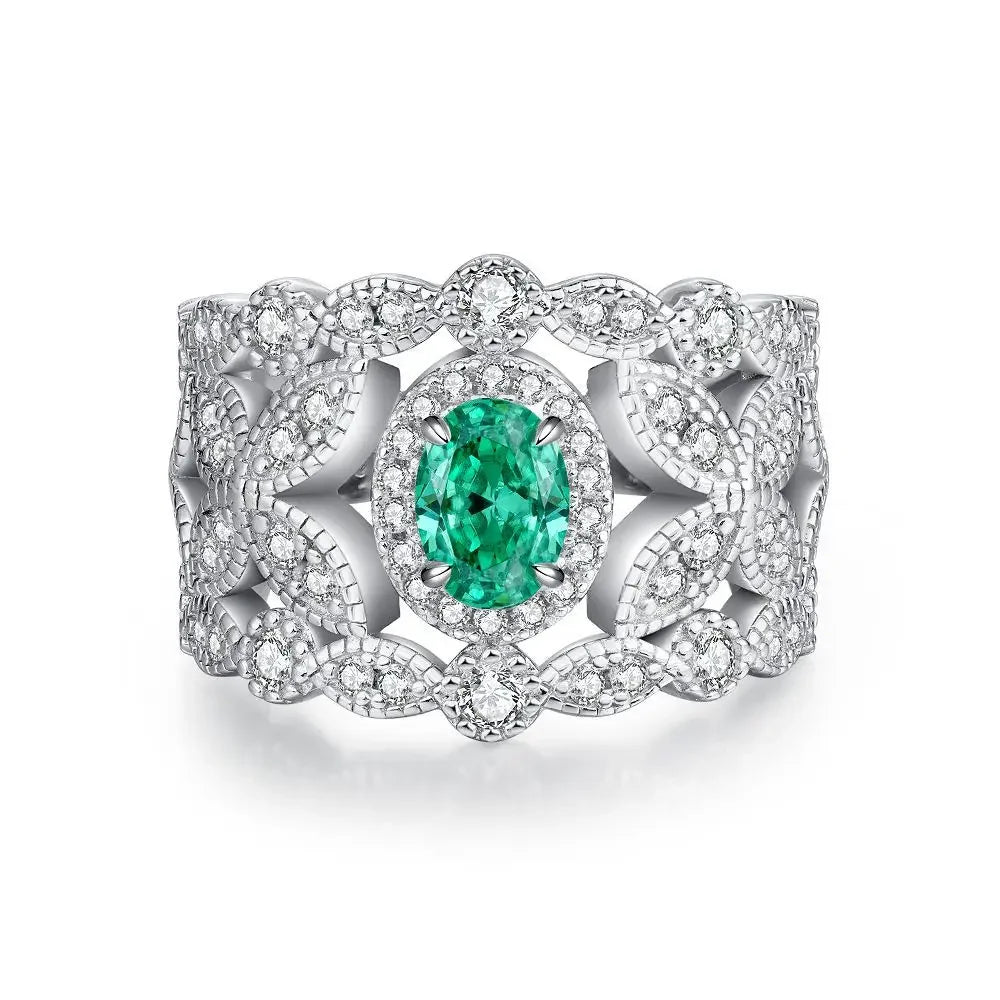 Women's Emerald Ring with High Carbon Diamond & 5A Zircon Pure S925 Silver Ice Flower Cut Wood Color Scheme Jewelry