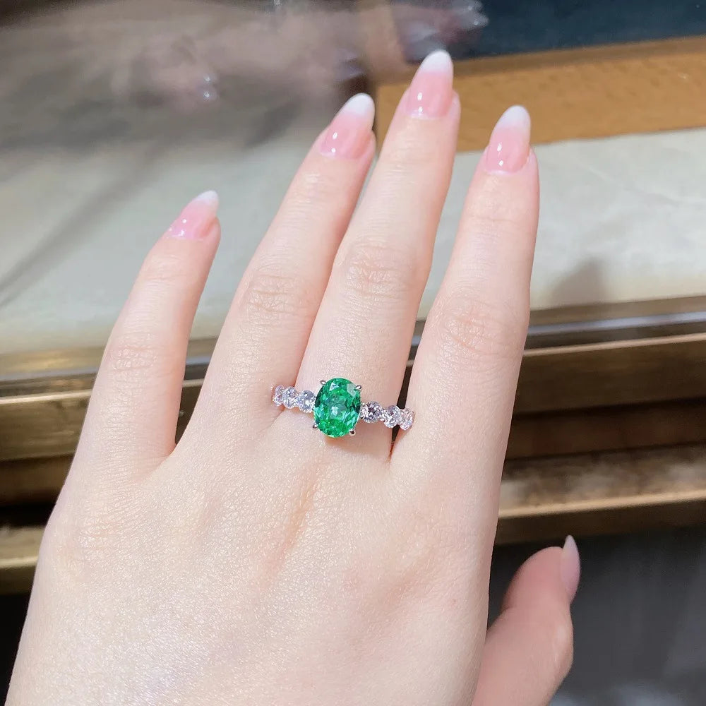 Women's Emerald Ring with High Carbon Diamond & 5A Zircon Pure S925 Silver Ice Flower Cut Wood Color Scheme Jewelry
