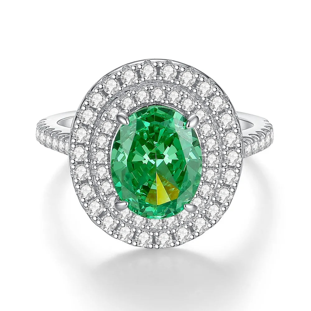 Women's Emerald Ring with High Carbon Diamond & 5A Zircon Pure S925 Silver Ice Flower Cut Wood Color Scheme Jewelry