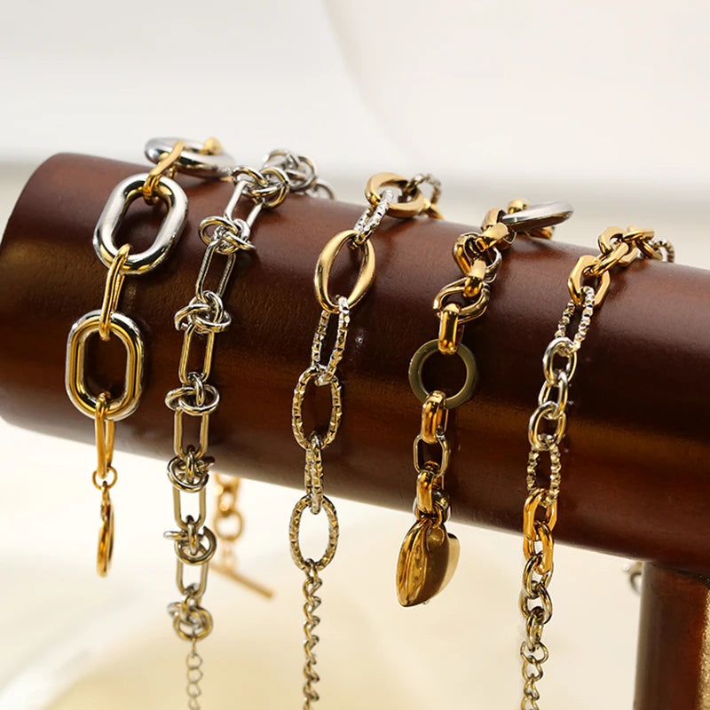 GANPUP 316L Stainless Steel Gold Silver Color Chain Bangle Bracelet For Women Men Trendy Texture Bracelet Waterproof Jewelry