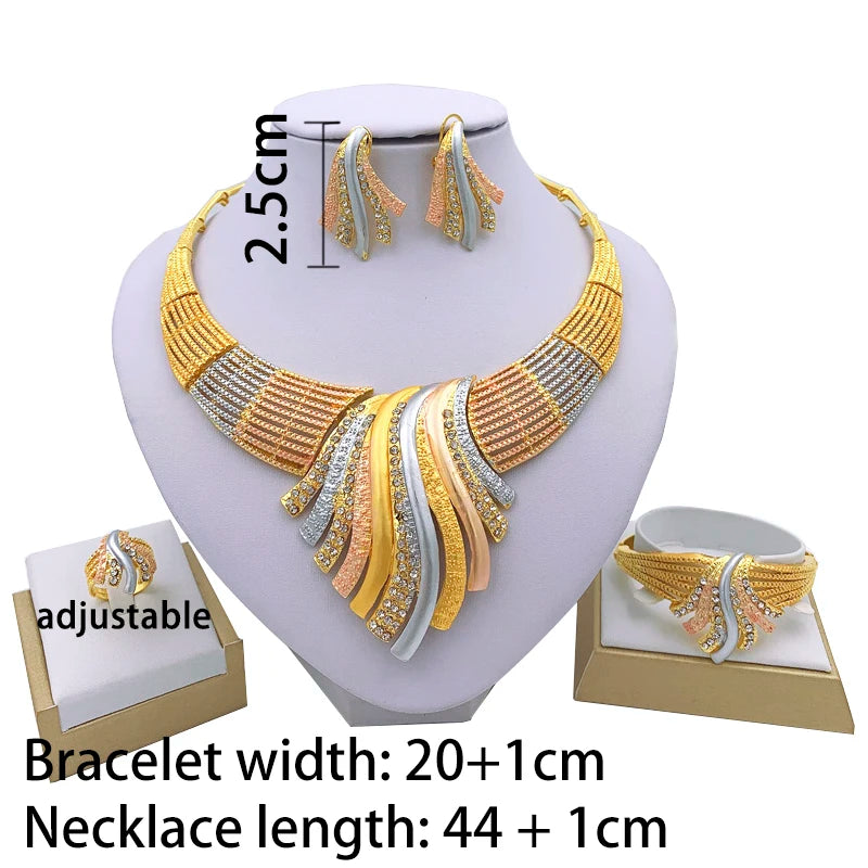 African Dubai 24k Gold Plated Choker Necklace Jewelry Set  for Women Bridal Wedding Crystal Bracelet Earrings Jewellery