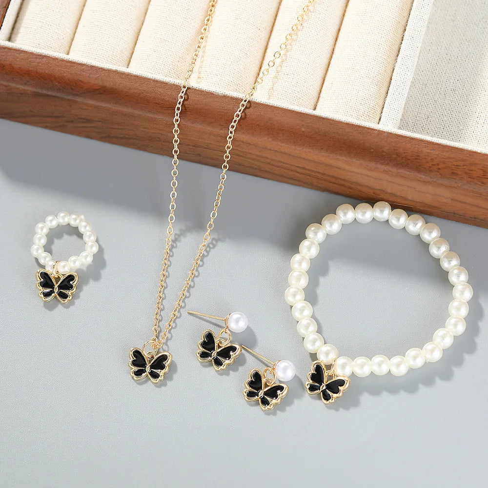 4 Set Butterfly Ring Pendant Necklace Bracelet Earrings Set for Women Girls Simulated Pearl Gold Jewelry Trendy Cute Sweet Gifts