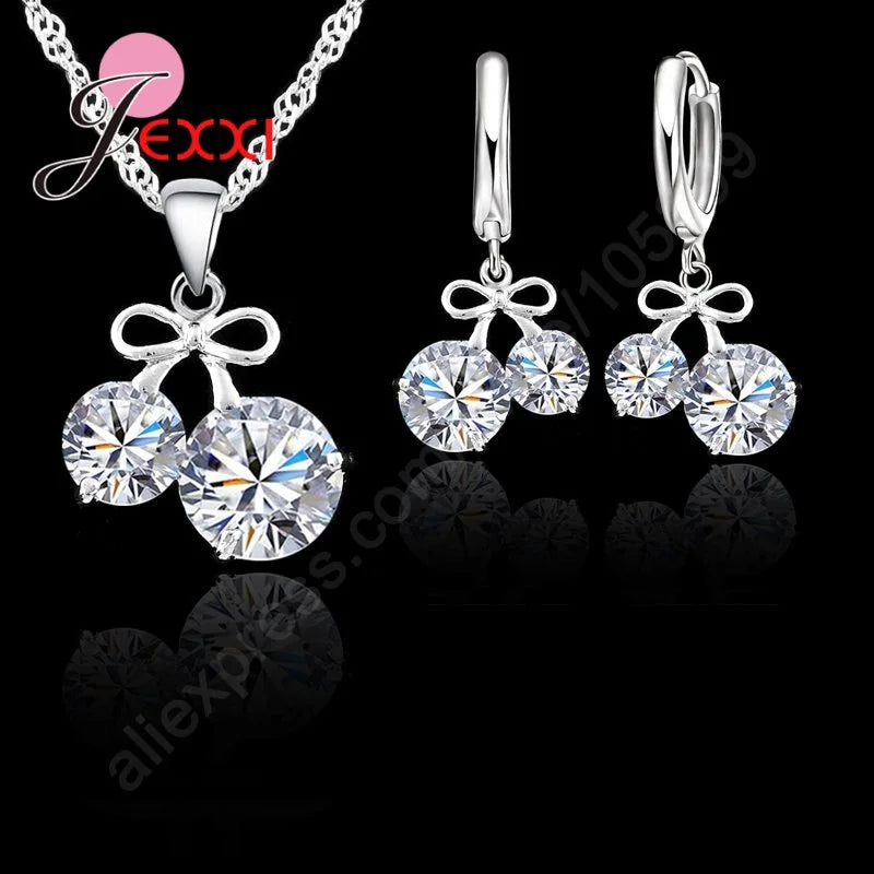 Vintage Trendy Female 925 Sterling Silver Jewelry Sets Women Gifts Fashion Cubic Zircon Crystal Necklace Drop Earrings Sets