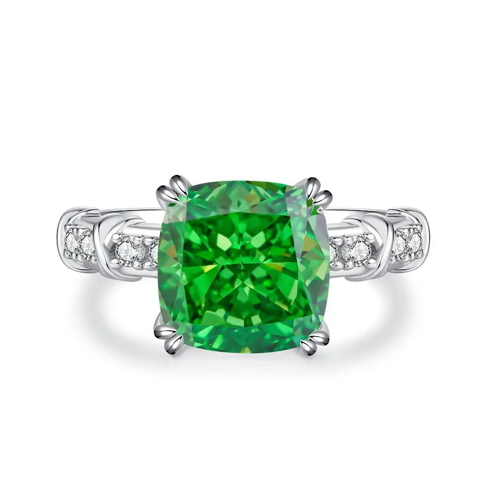 Women's Emerald Ring with High Carbon Diamond & 5A Zircon Pure S925 Silver Ice Flower Cut Wood Color Scheme Jewelry