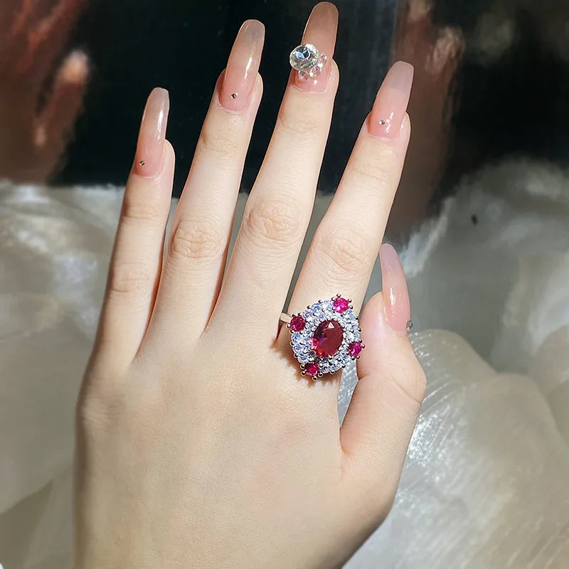 Vintage Ruby Rose Red Pendant Ring Crystal 925 Sterling Silver Long Jewelry for Wedding Gift to Girlfriend Luxury Geometric Zircon