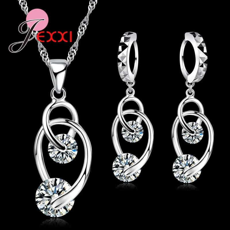 Vintage Trendy Female 925 Sterling Silver Jewelry Sets Women Gifts Fashion Cubic Zircon Crystal Necklace Drop Earrings Sets